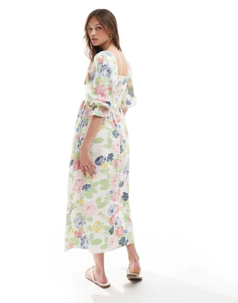 New Look New Look floral shirred long sleeve dress in cream 3