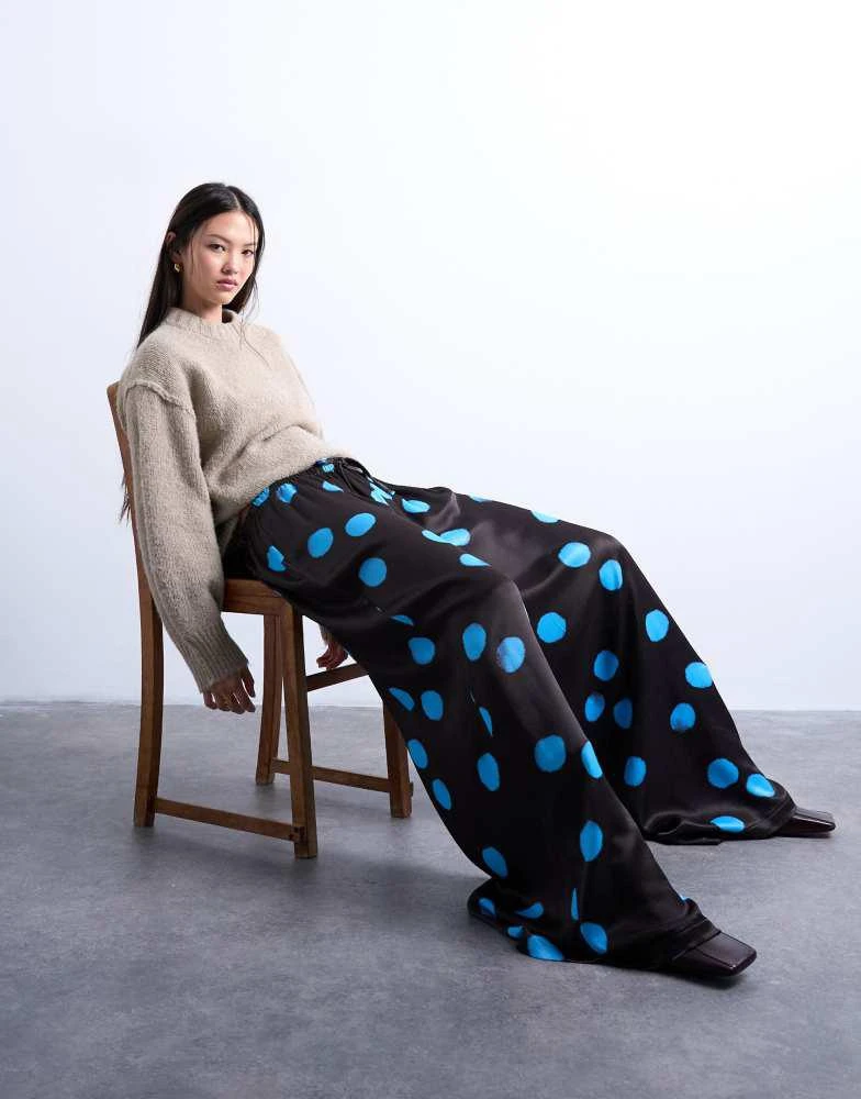 Topshop Topshop satin extreme wide leg trousers in blue and brown polka dot 1