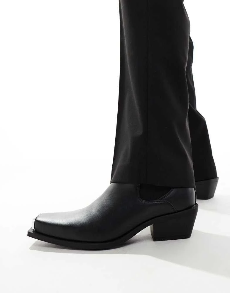 ASOS ASOS DESIGN cuban heel western chelsea boots in black faux leather with silver toe cap 1