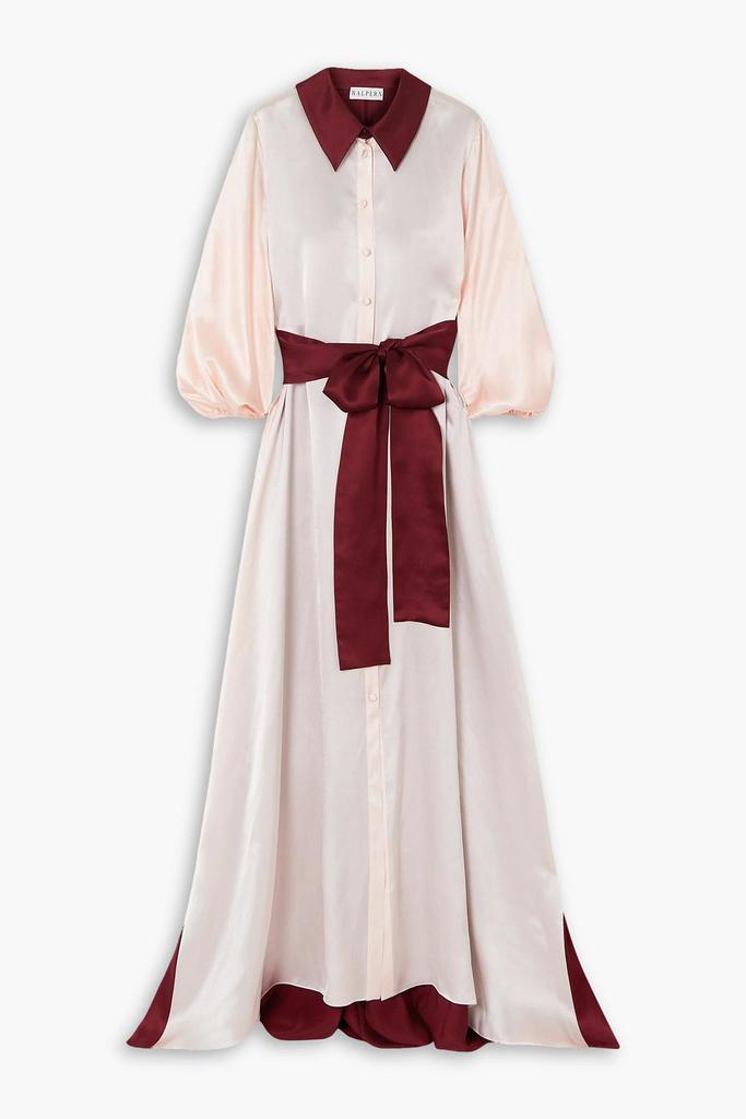 Halpern Belted two-tone silk-satin maxi shirt dress