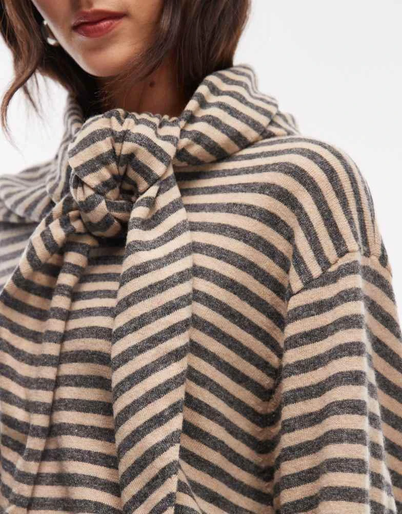 Lioness Lioness Olsen wool blend knitted boxy long sleeve detachable scarf detail jumper in beige and slate stripe 3