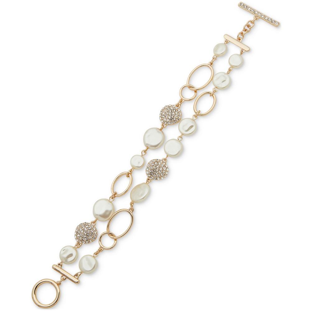 Anne Klein Gold-Tone White Imitation Pearl & Crystal Two-Row Toggle Flex Bracelet