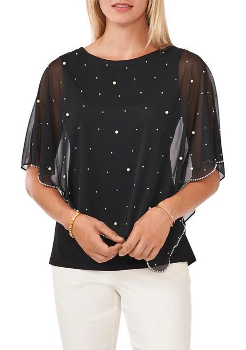 MSK Womens Elbow Sleeve Solid Sequin Sheer Blouse 1