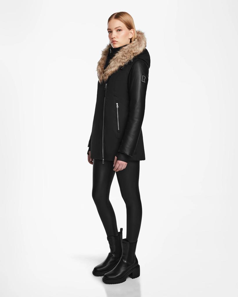 RUDSAK AURORE WOMEN'S FITTED SHORT DOWN PARKA WITH VEGAN LEATHER SLEEVES