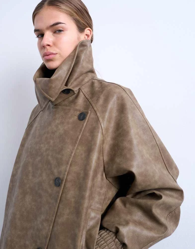 Topshop Topshop faux leather asymmetric oversized bomber with funnel neck in washed brown 2