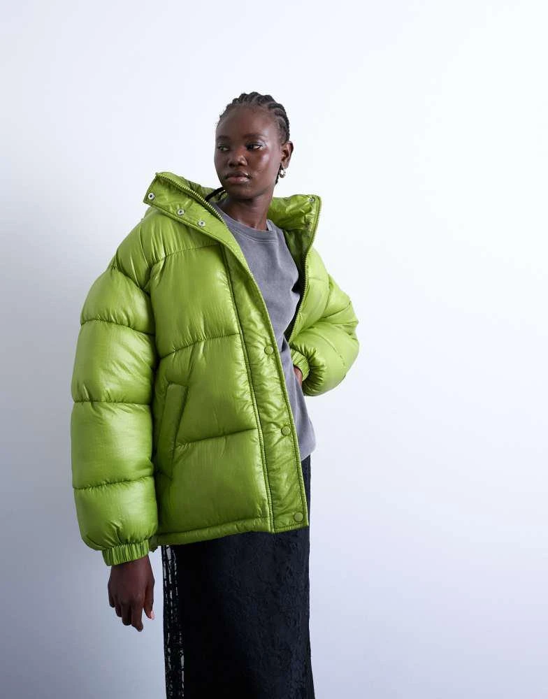Topshop Topshop High shine ripstop funnel neck puffer jacket in bright green 1