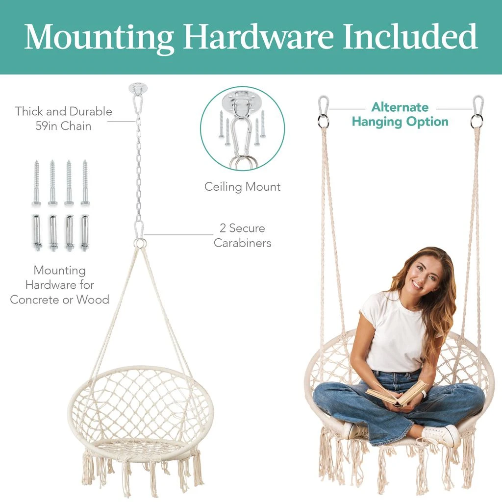 Best Choice Products Handwoven Cotton Macramé Hammock Hanging Chair Swing for Indoor & Outdoor Use w/ Backrest 4