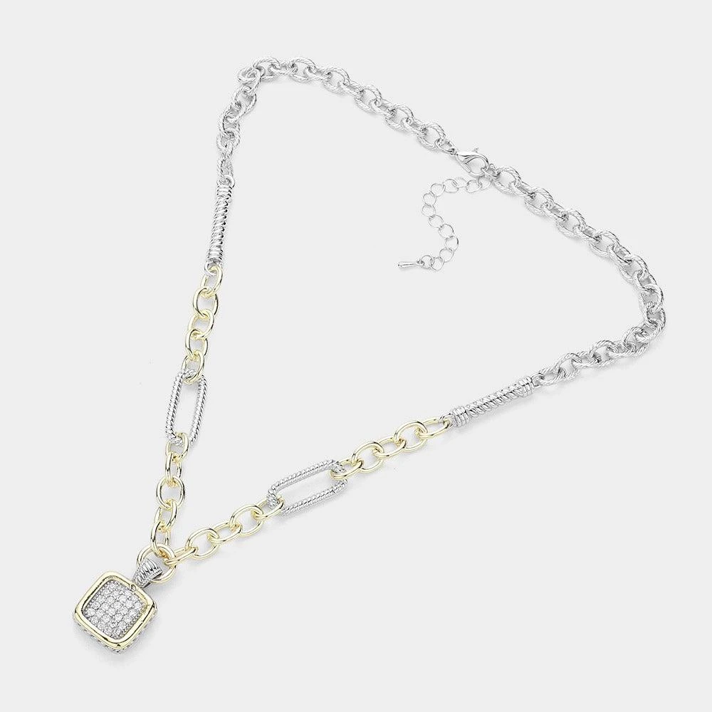 FASHNZFAB 14K Gold Plated CZ Stone Paved Square Pendant Necklace 2