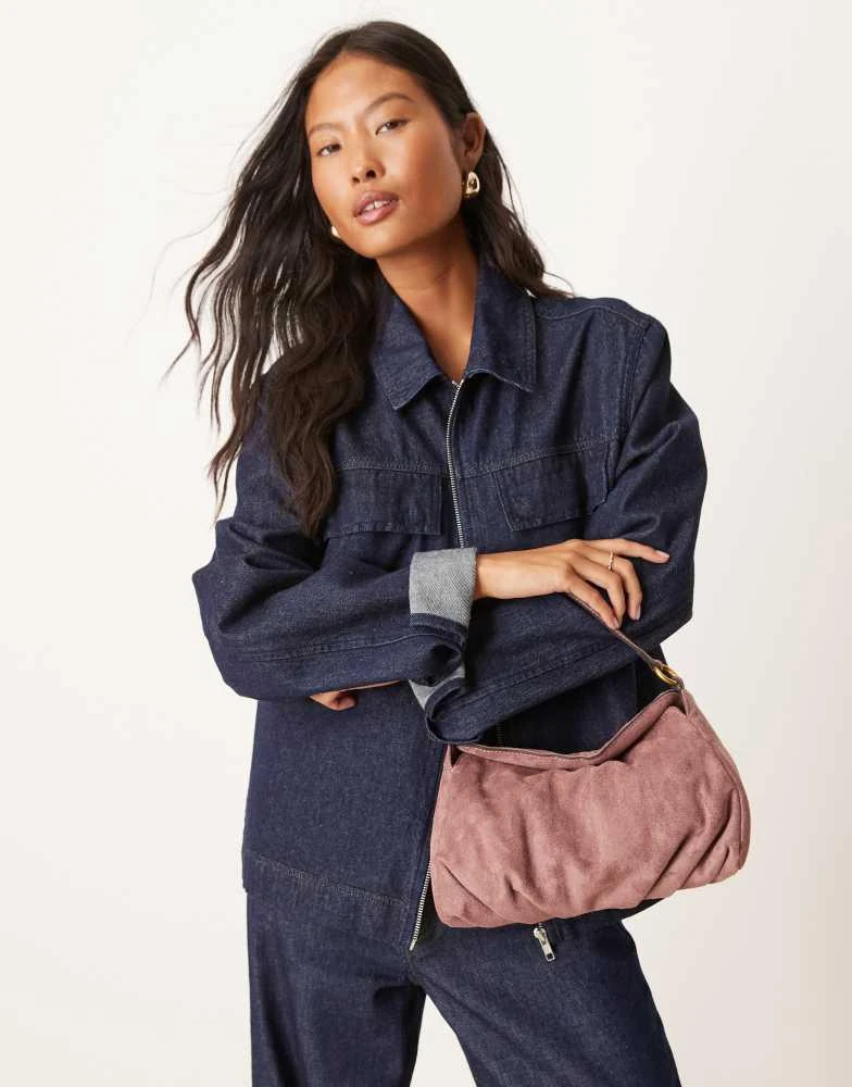 ASOS ASOS DESIGN faux suede shoulder bag with fold over flap detail in mauve 1