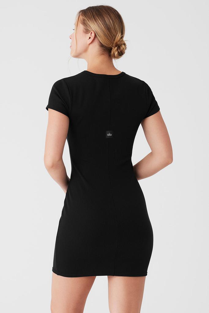 Alo Goddess Ribbed Short Sleeve Dress - Black