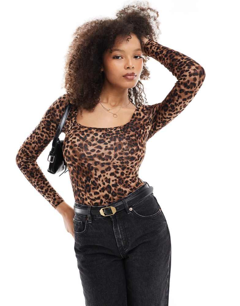 Miss Selfridge Miss Selfridge long sleeve square neck bodysuit in leopard print