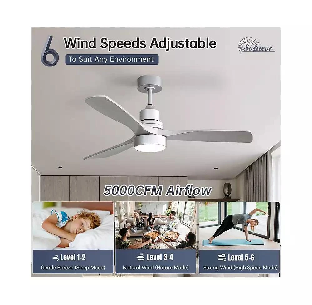 Sofucor 52-inch Modern 3 Blades 3 color Dimmable and Memory Function Light and Remote control Ceiling Fan 5