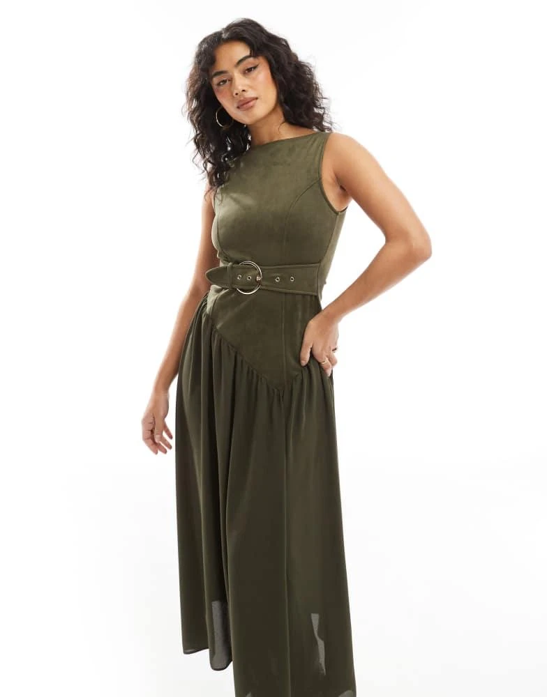 ASOS ASOS DESIGN suede buckle asymmetric waist midi dress in khaki 3