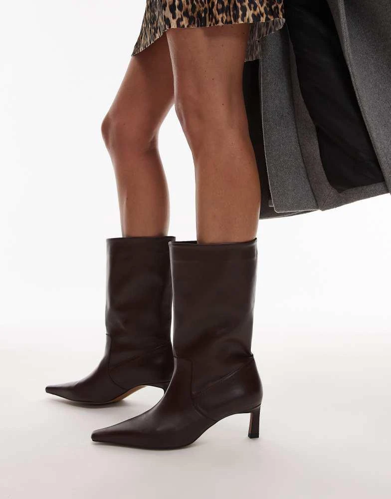 Topshop Topshop Tiggy premium leather calf heeled boot in burgundy 1