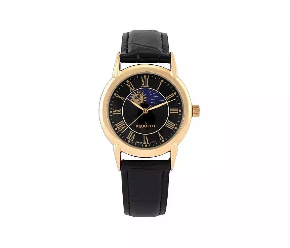 Peugeot Men's 40mm Vintage Black Dial Sun Moon Black Leather Strap Watch 1