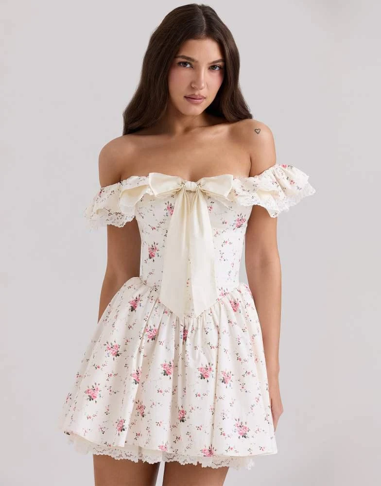 ruffled mini dress Milla Women's Romantic Ruffled Pink Mini Dress With Rose Appliques