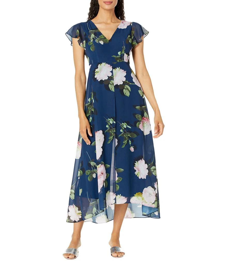 Adrianna Papell Stretch Crepe Jumpsuit with Printed Chiffon Walk Thru Overlay 1