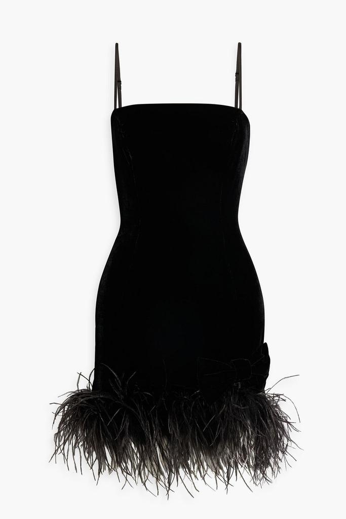 HVN Valentina feather-trimmed velvet mini dress