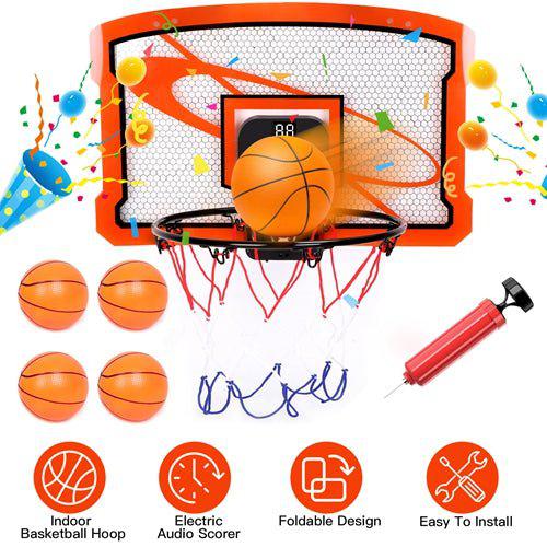 Fresh Fab Finds Indoor Mini Basketball Hoop Set Over Door Basketball Hoop with 4 Inflatable Balls Electric Audio Scorer Foldable Basket Gift for Kids and Adults