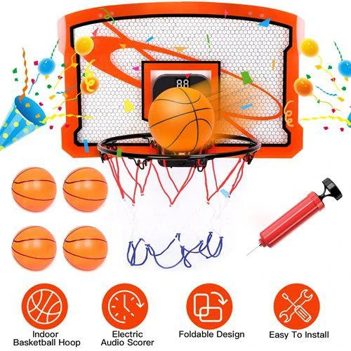 Fresh Fab Finds Indoor Mini Basketball Hoop Set Over Door Basketball Hoop with 4 Inflatable Balls Electric Audio Scorer Foldable Basket Gift for Kids and Adults 1