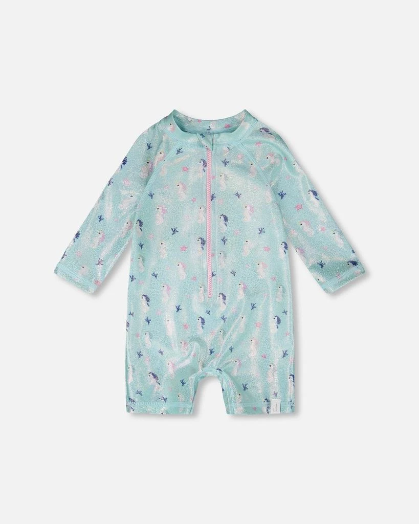 Deux par Deux Baby and Toddler One-Piece Long Sleeve Rashguard Blue Seahorse Print