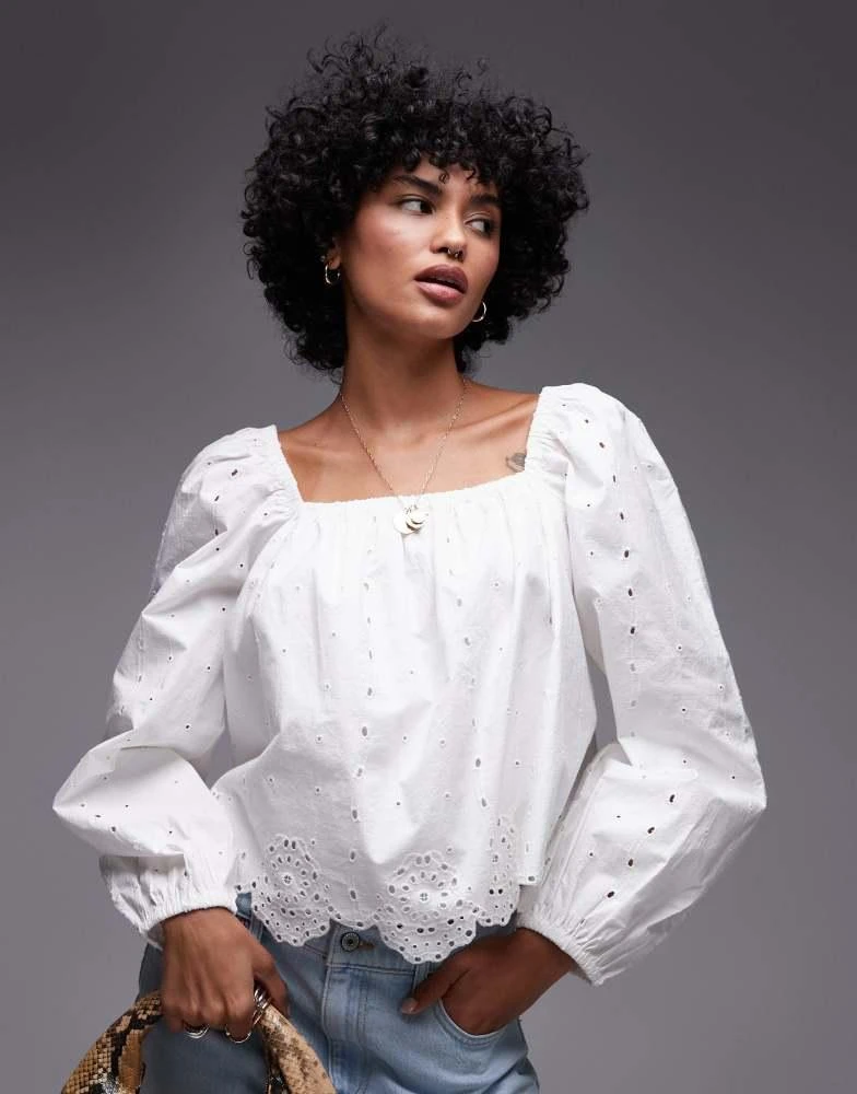 Topshop Topshop cutwork long sleeve top in ivory