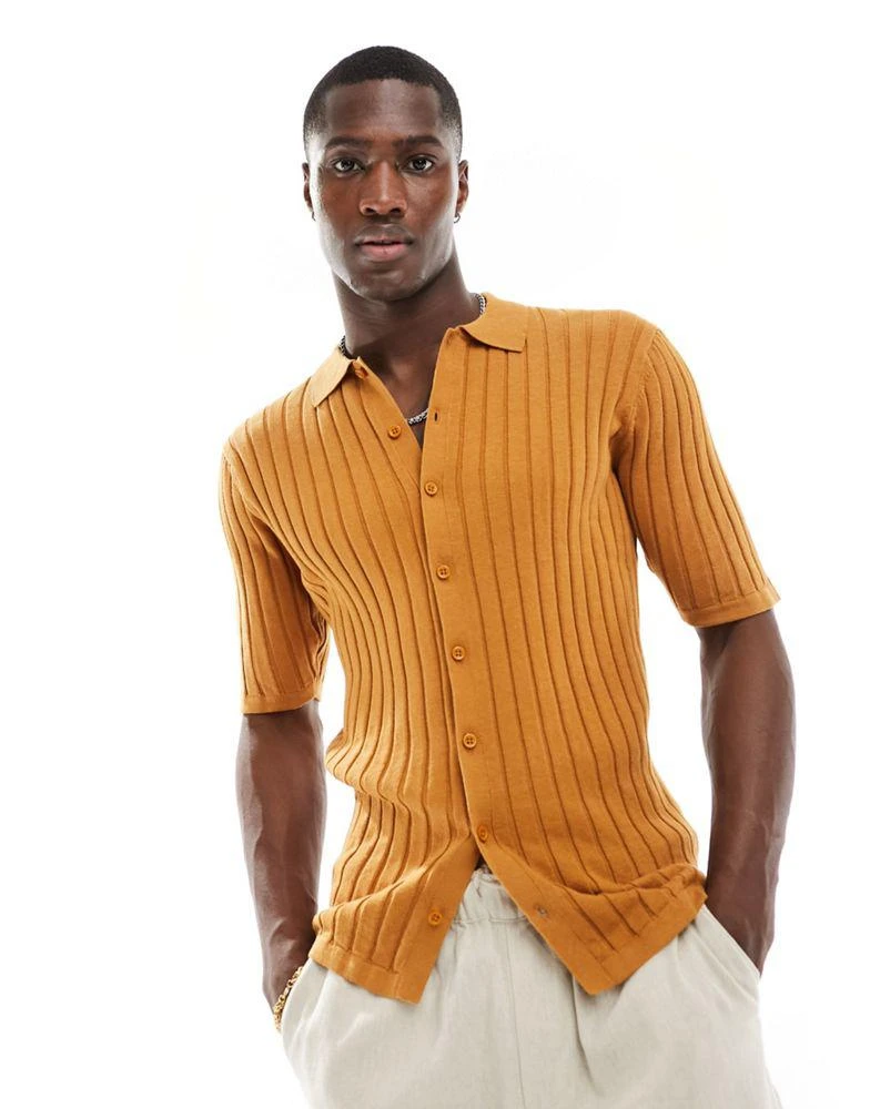 ASOS ASOS DESIGN lightweight knitted rib button through polo in burnt orange 1
