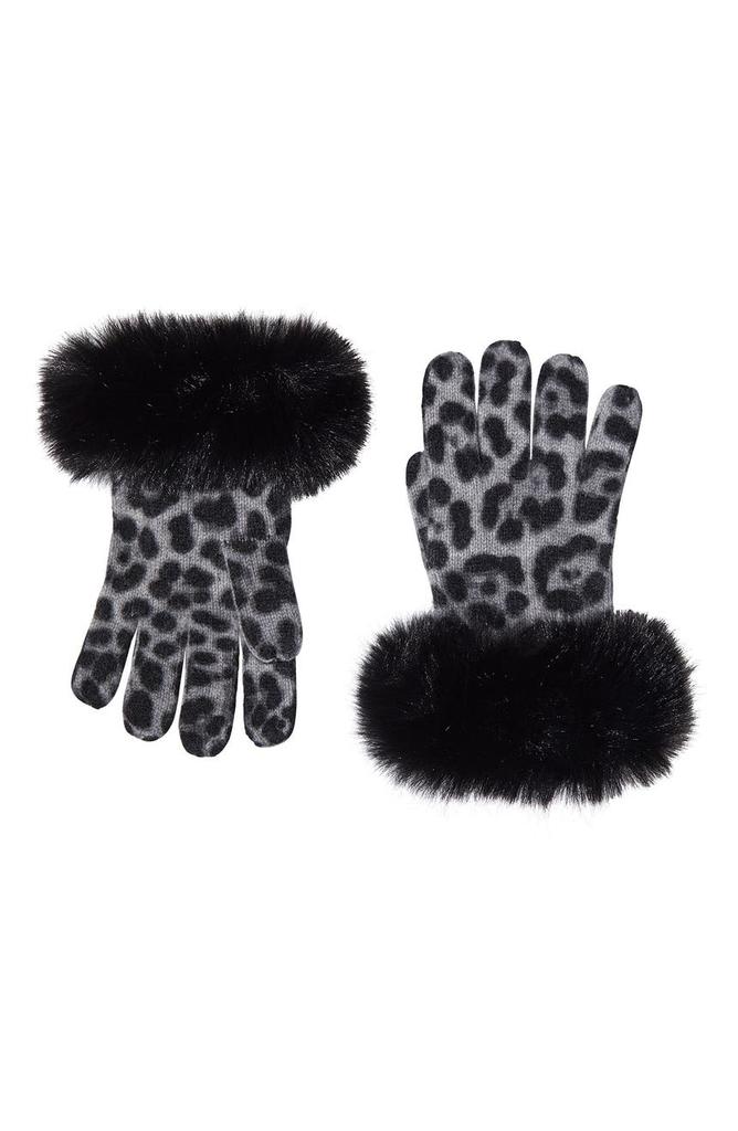 Sofia Cashmere Leopard Print Cashmere Knit Gloves with Faux Fur Cuffs