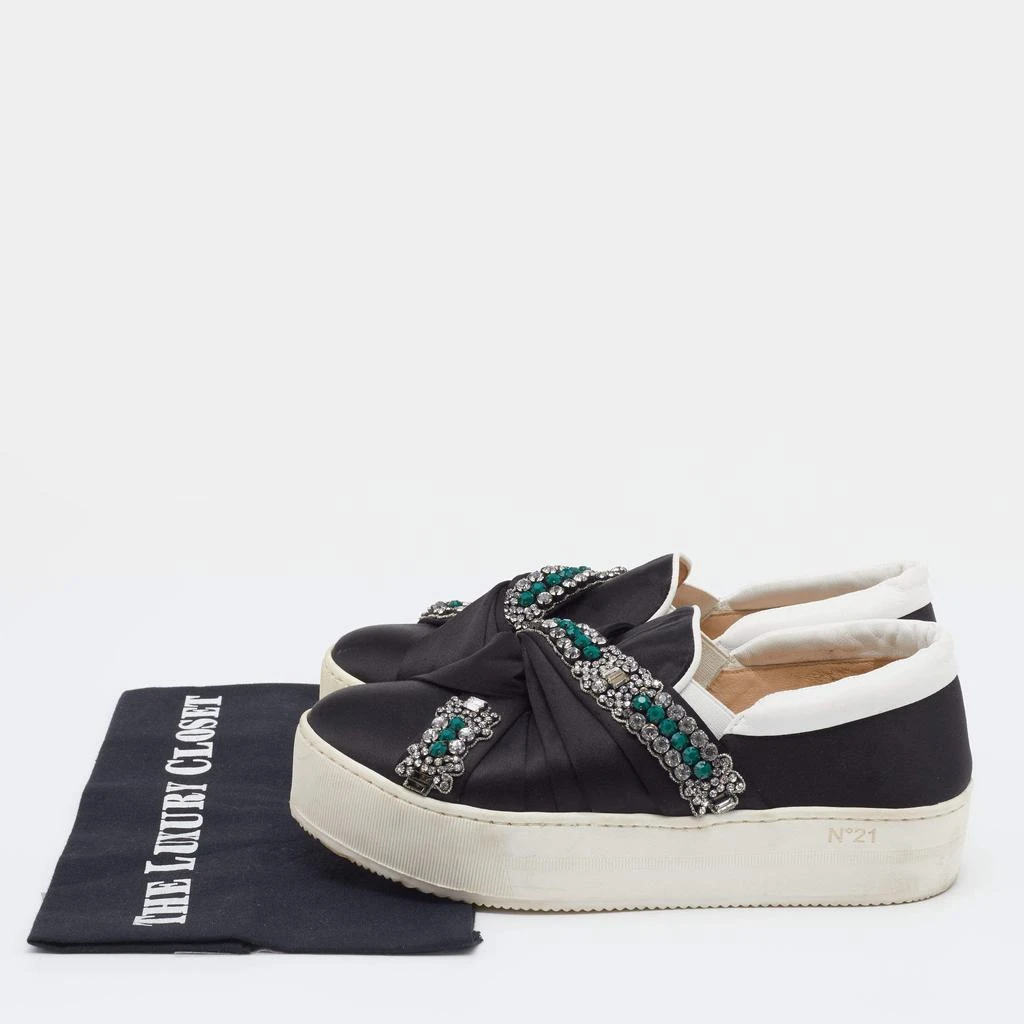 N°21 N21 Black/White Satin And Leather Crystal Embellished Platform Slip On Sneakers Size 37 9