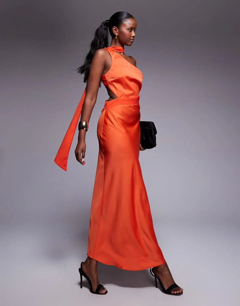ASOS DESIGN one shoulder satin midi dress with neck tie in burnt orange   On Sale Now with Up to 75% Off | Discover Exclusive Deals & Savings at  BeyondStyle  Authentic