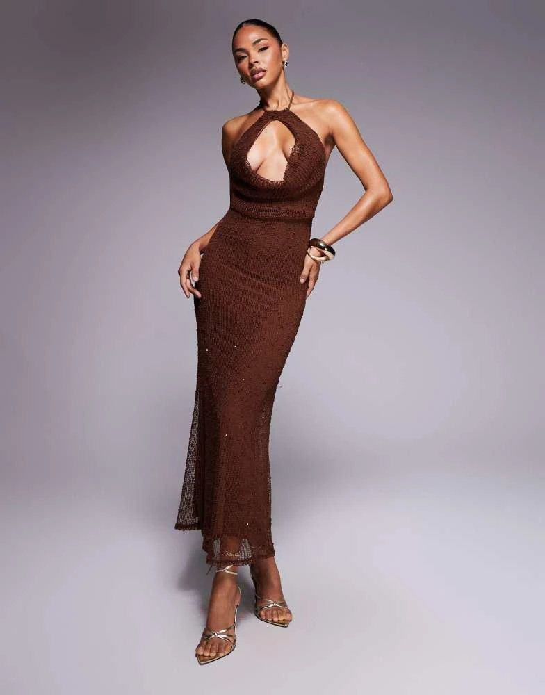 asos brown maxi dress ASOS Brown Mesh Corsetted Bandeau Maxi Dress In Chocolate UK 8 main image 1