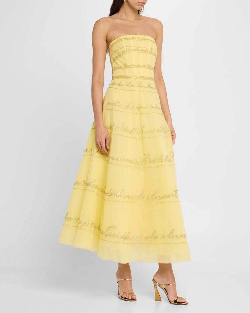 Pamella Roland Strapless Yellow Lyric Embroidered Tulle Ankle Dress