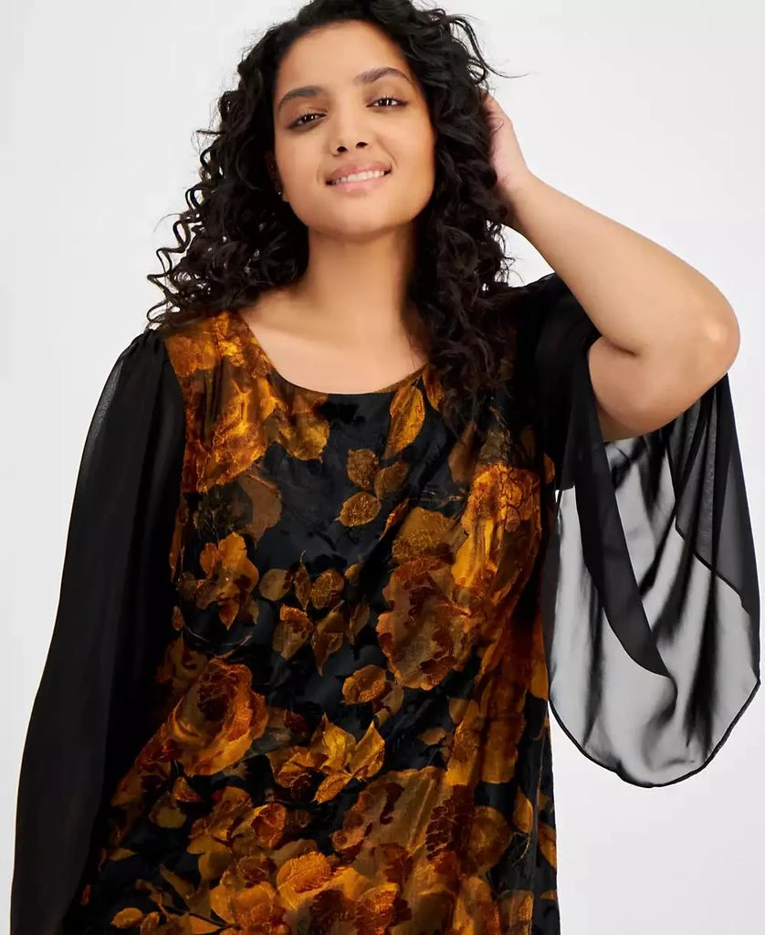Connected Plus Size Sheer-Sleeve Printed Velvet Dress 3