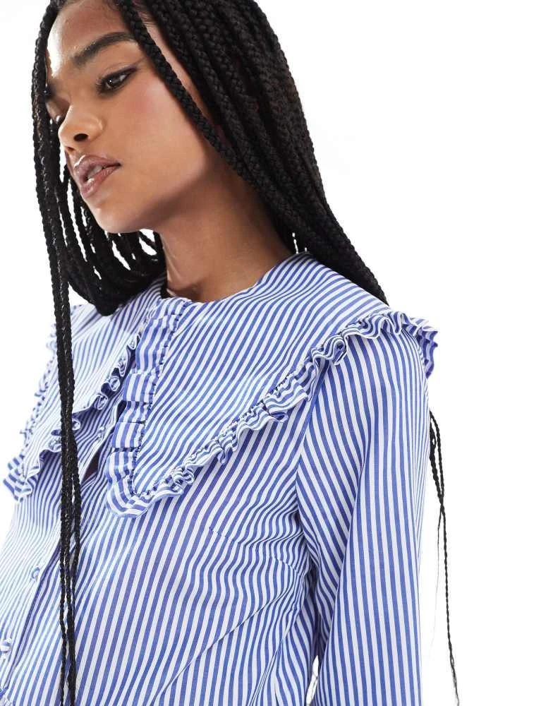 Miss Selfridge Miss Selfridge stripe oversized collar smock dress in blue stripe 4
