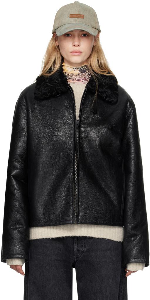 Acne Studios Black Crackled Shearling Leather Jacket