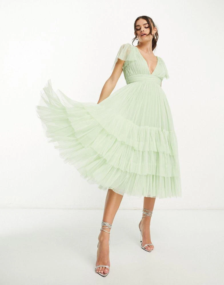 Lace & Beads Lace & Beads Bridesmaid Madison v neck tulle dress in sage 4