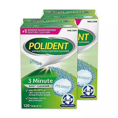 Polident Polident 3-Minute Triple-Mint Antibacterial Denture Cleanser, Effervescent Tablets, 120 ct., 2 pk. 1