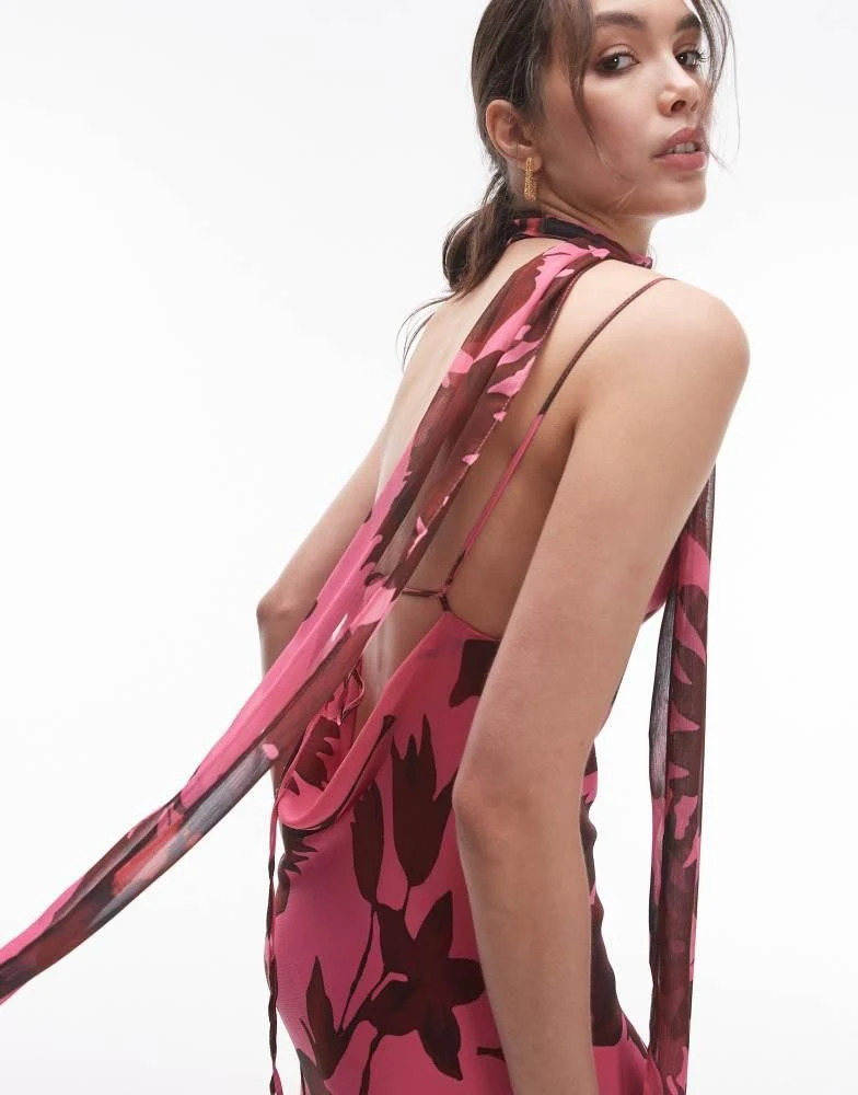 Topshop Topshop chiffon cowl slip midi dress in pink oversized floral print with scarf 3
