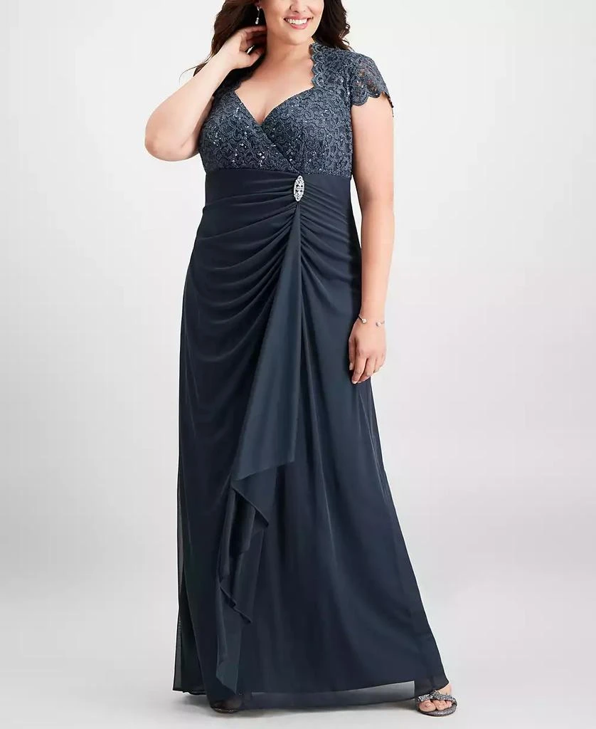 Betsy & Adam Plus Size Sequined-Lace Ruched Gown 6