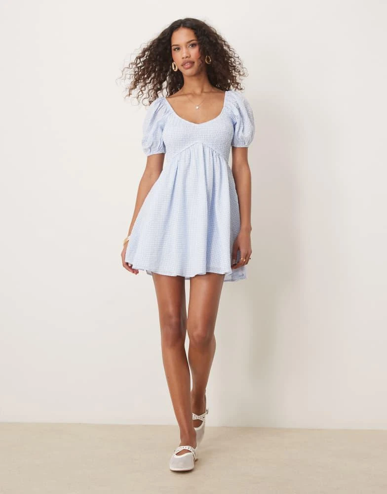 Kiss The Sky Kiss The Sky babydoll shirred mini dress in blue and white 3