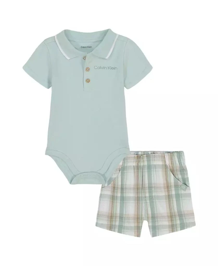Calvin Klein Baby Boys 2-Piece Interlock Polo Bodysuit Poplin Plaid Shorts Set 1