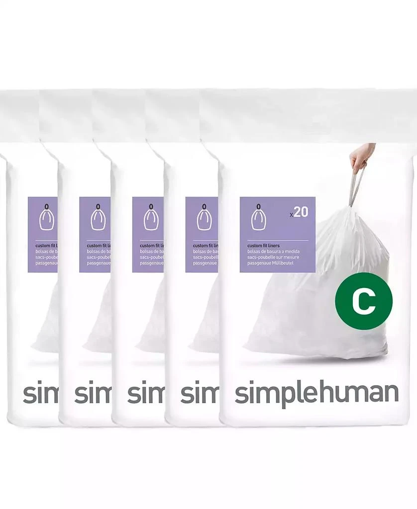 simplehuman Code C 100pk Custom Fit Liners with 5 Quick Dispense Packs, 10-12L Bathroom Trash Bag Liners 1