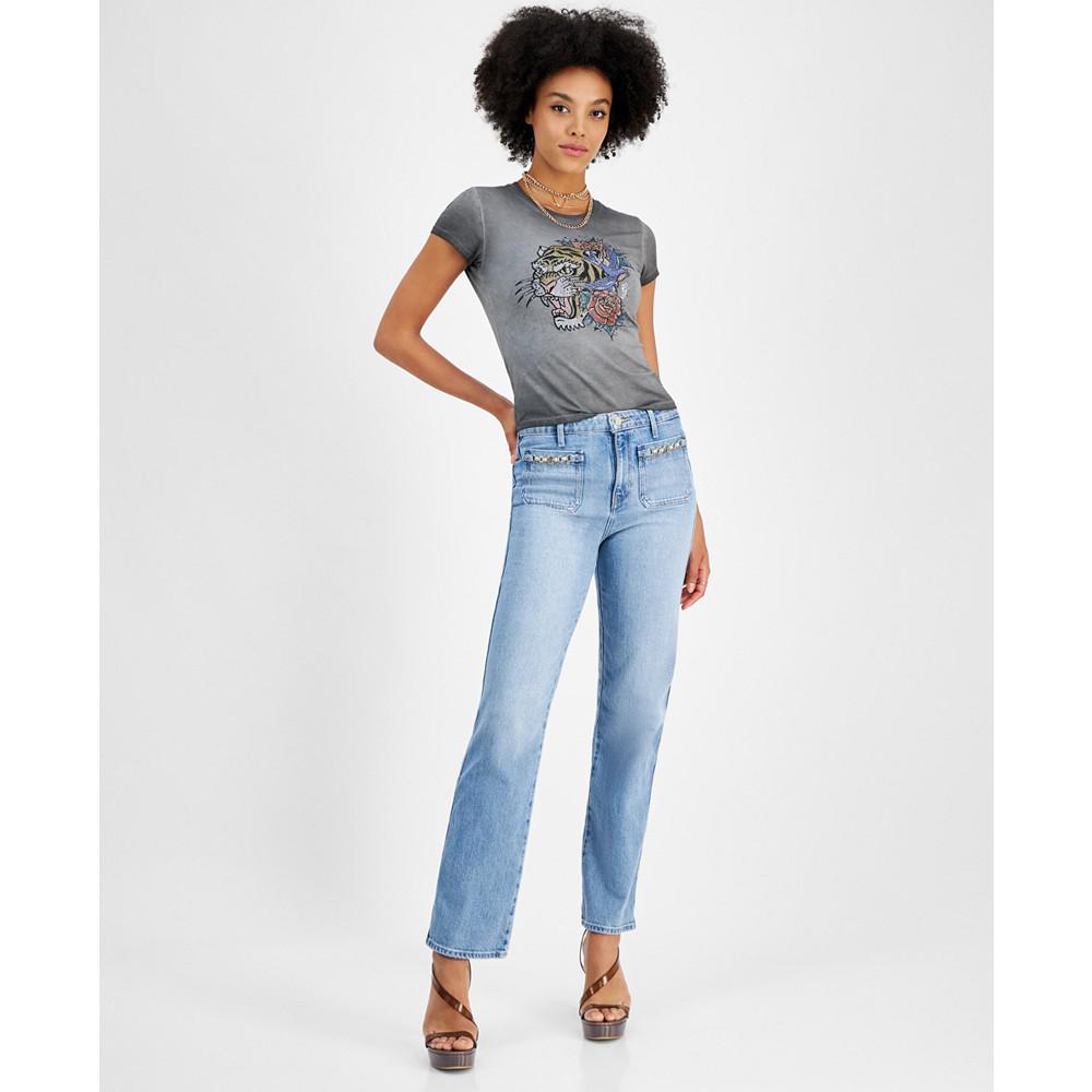 GUESS Women's High Rise Patch Pocket Straight Leg Jeans