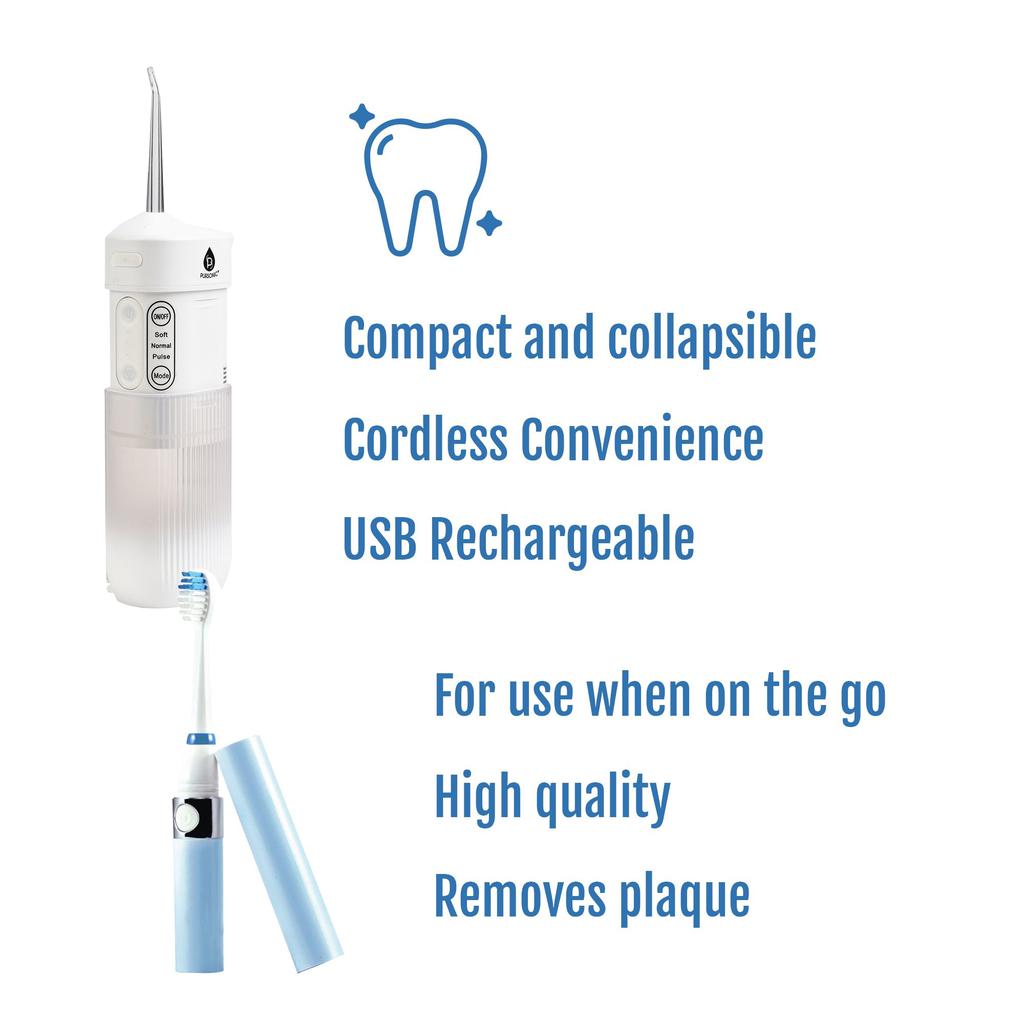 PURSONIC Compact Travel Oral Care Bundle: Portable USB Rechargeable Collapsible Water Flosser and Pursonic Portable Sonic Toothbrush