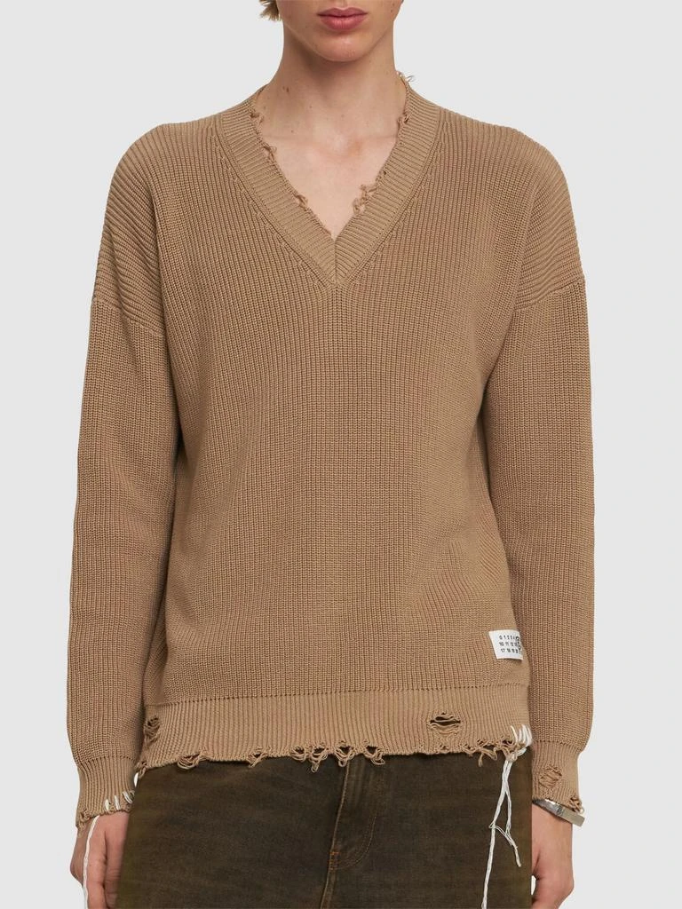 MM6 MAISON MARGIELA Distressed Cotton V-neck Sweater - Sweaters  