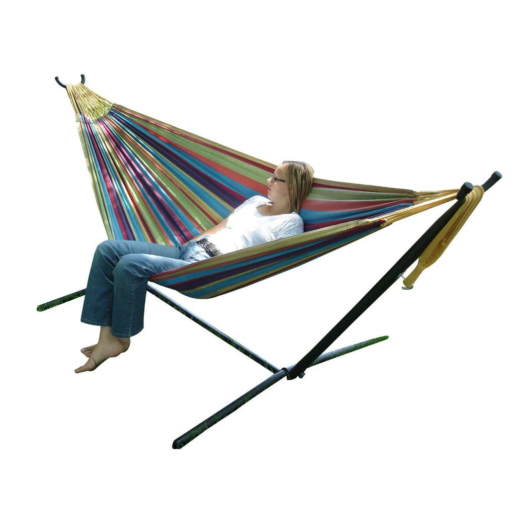 QuikFurn Tropical Fabric Double Hammock with 9-Foot Steel Stand
