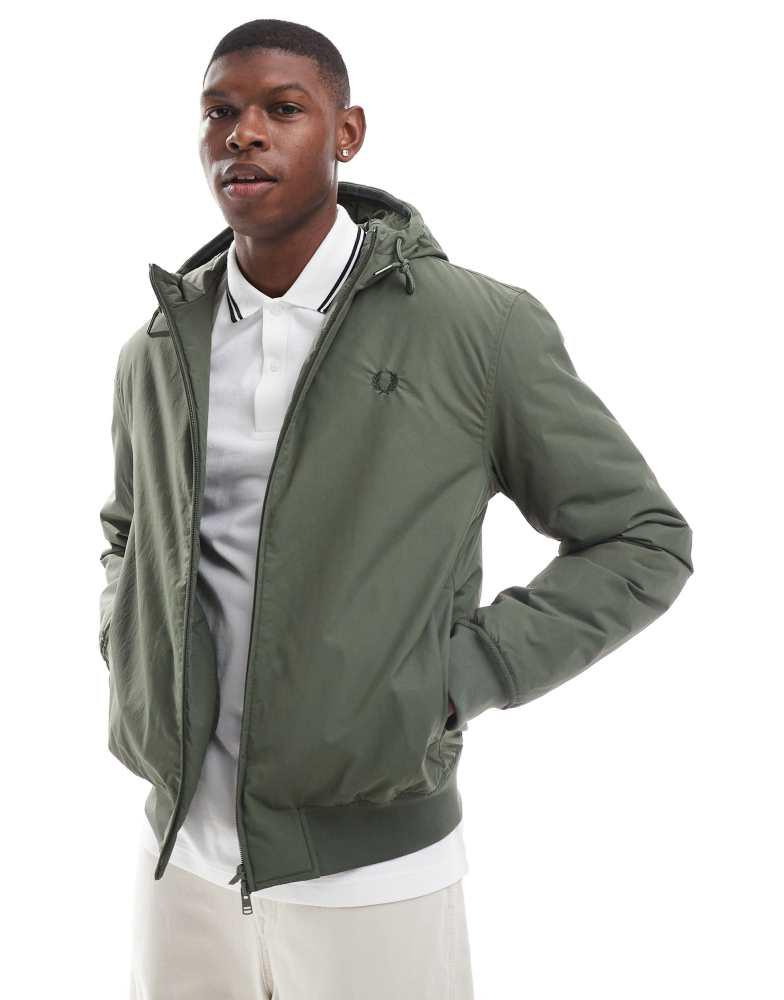 Shop Fred Perry hooded brentham jacket in dark green on Sale at