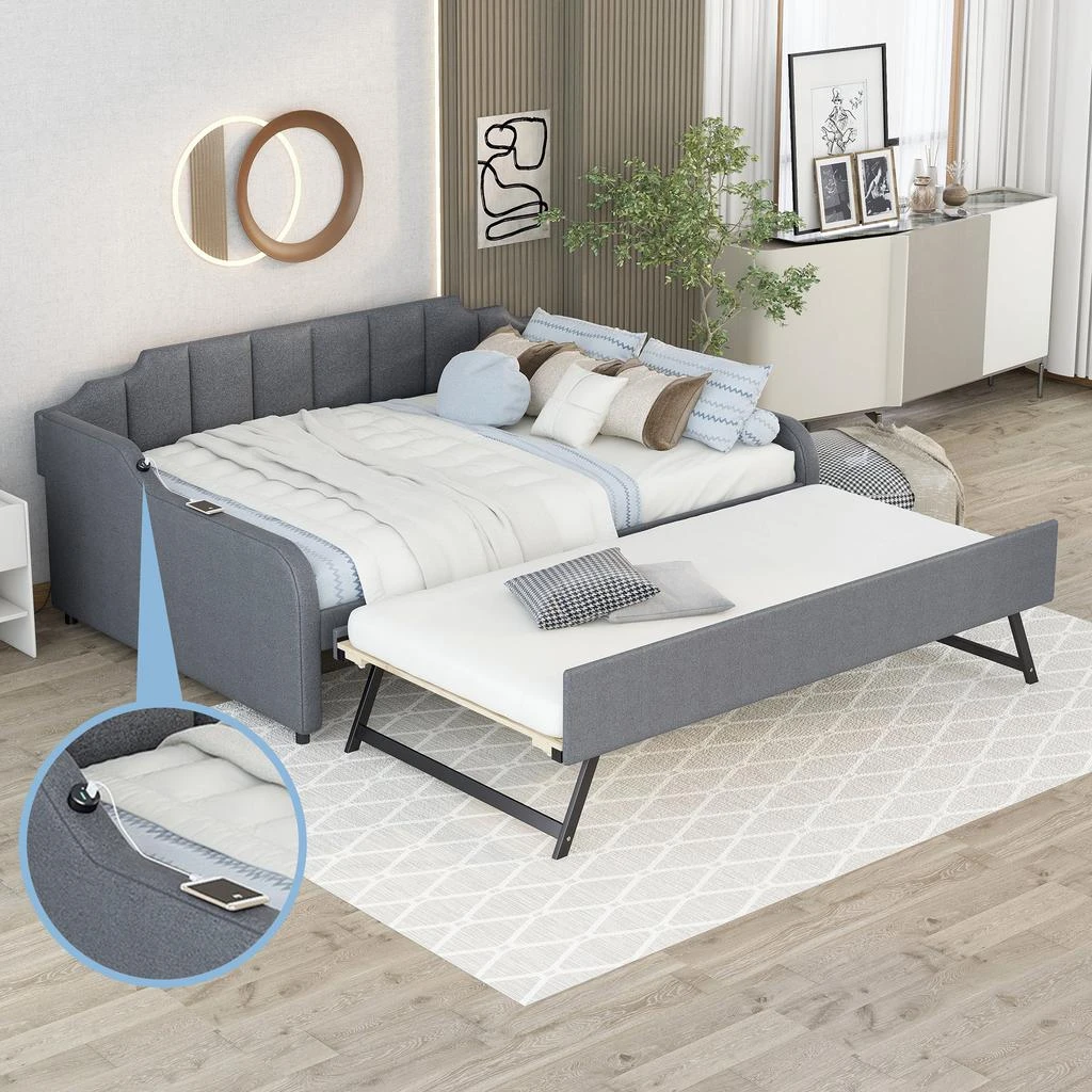 Streamdale Furniture Streamdale Full Size Upholstery Daybed With Trundle And USB Charging Design