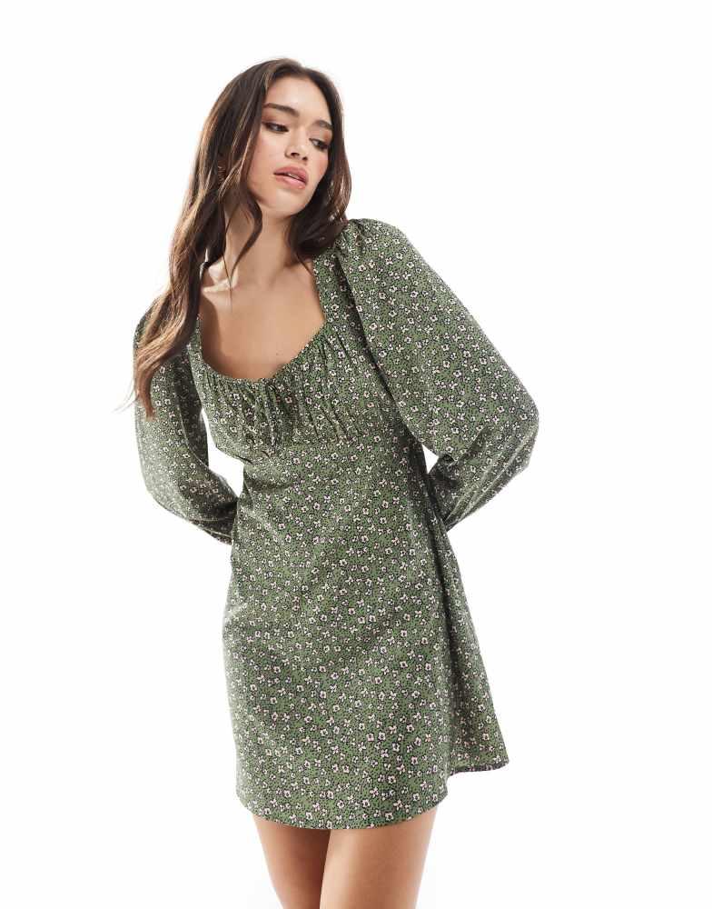 Wednesday's Girl Wednesday's Girl floral spot print long sleeve mini dress in green