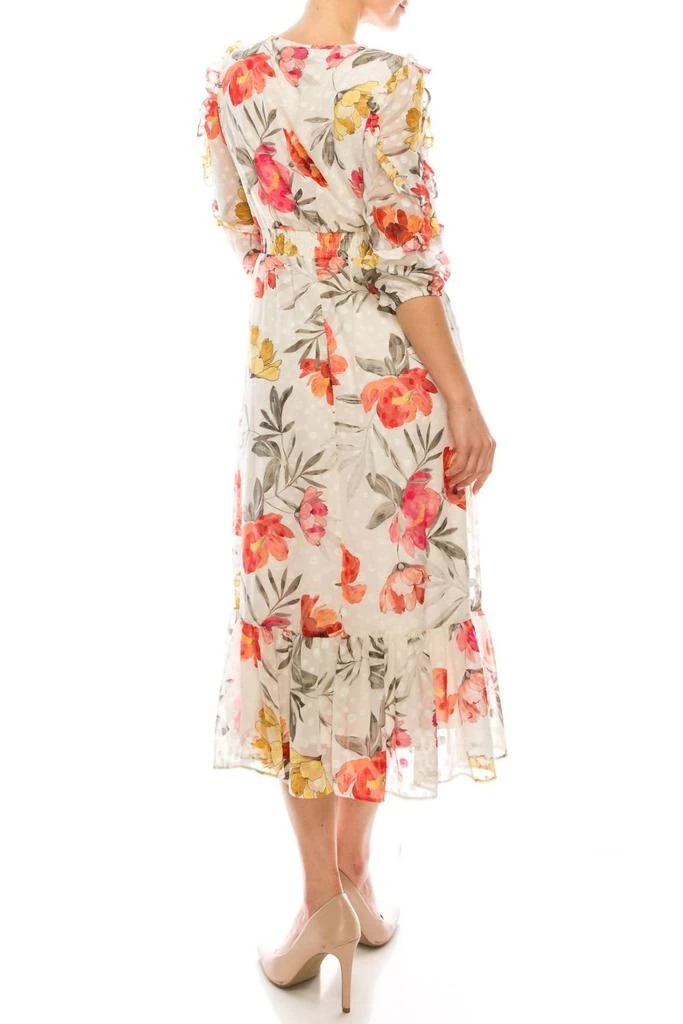 Maison Tara Floral Print Ruffle Hem Midi Dress, Womens, 6, Ivory Coral